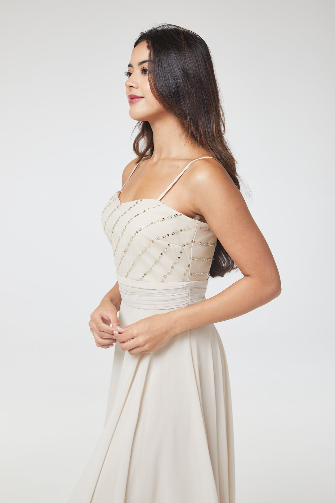 Nude Sequin Asymmetric Long Dress