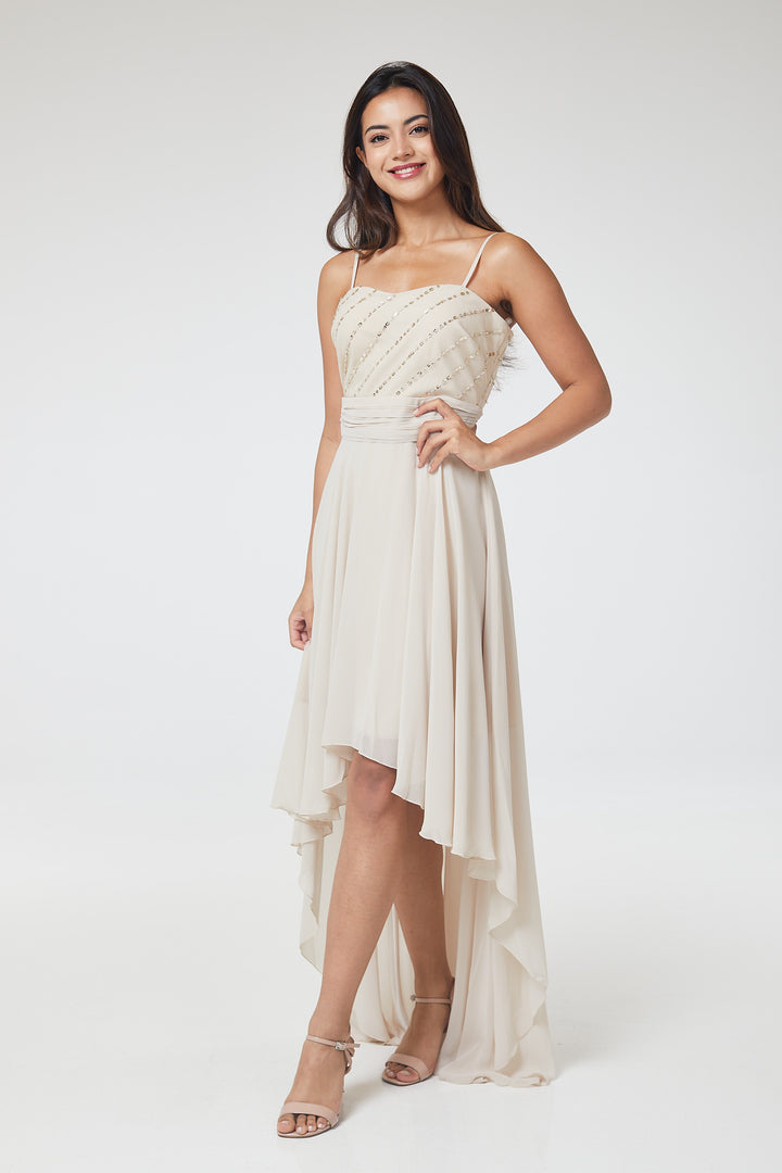 Nude Sequin Asymmetric Long Dress