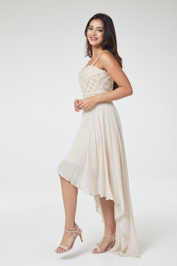 Nude Sequin Asymmetric Long Dress