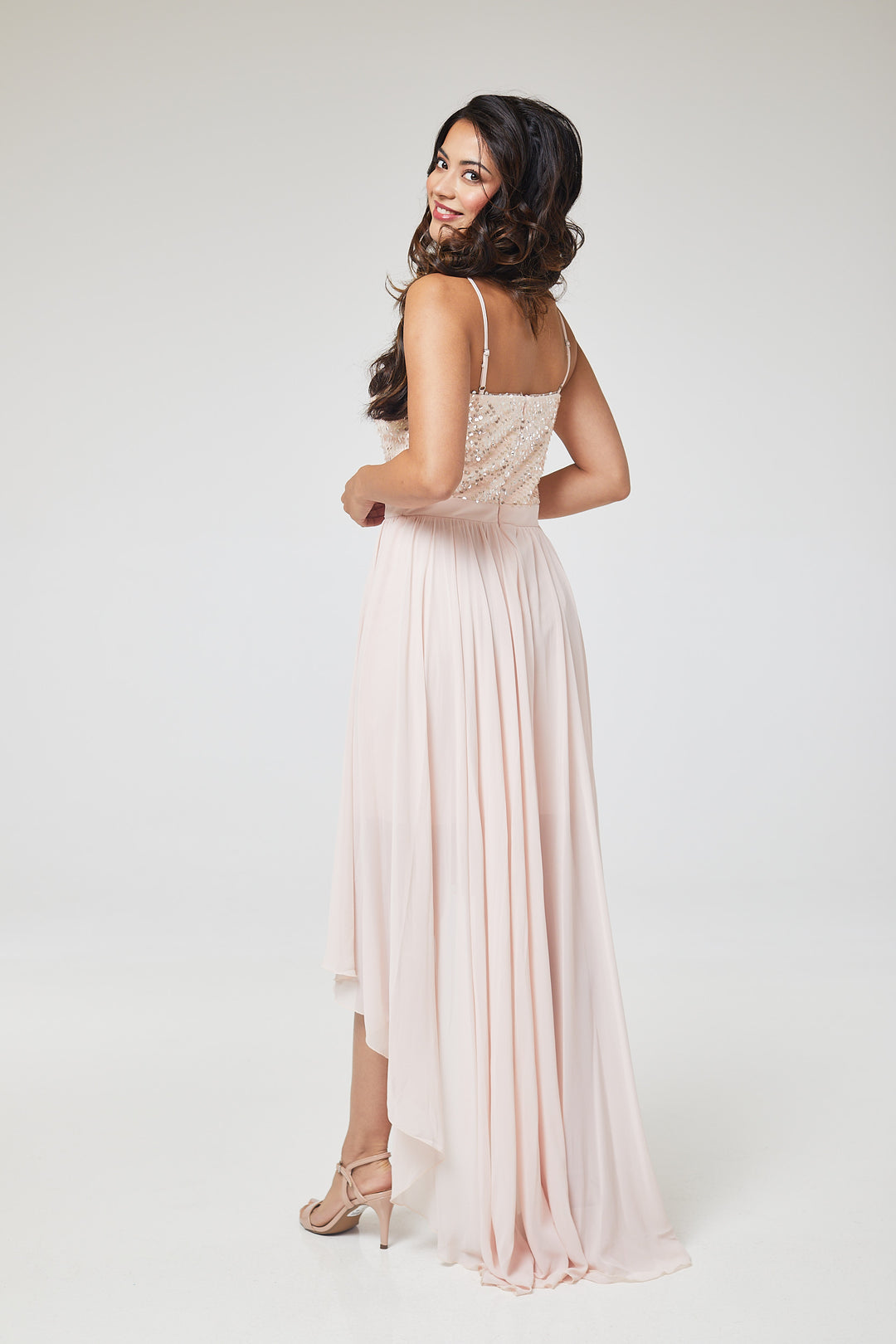 Pink Sequin Asymmetric Long Dress