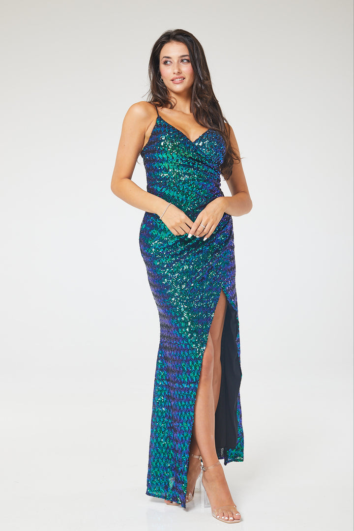 Green V-Neck Ruched Side Split Sequin Maxi Dress