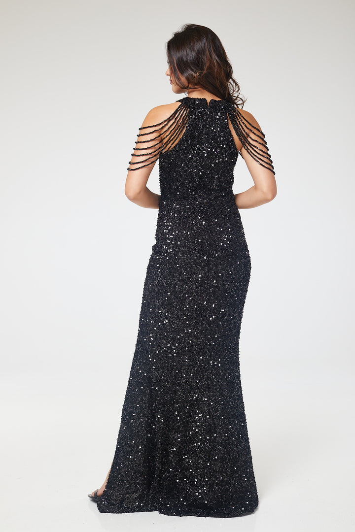 Asteria - Black Halterneck Jewelled Shoulder Sequin Maxi Dress