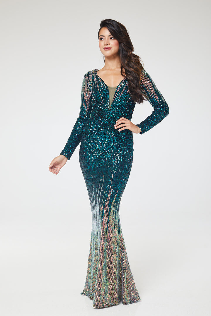 Green Gold Long Sleeve Sequin Maxi Dress