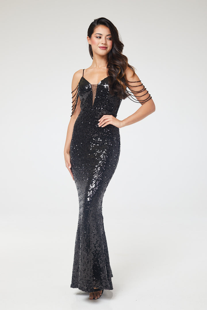 Black V-Neck Jewelled Shoulder Sequin Maxi Dress