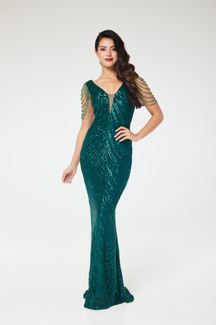 Aneeza - Green Jewelled Sequin Maxi Dress