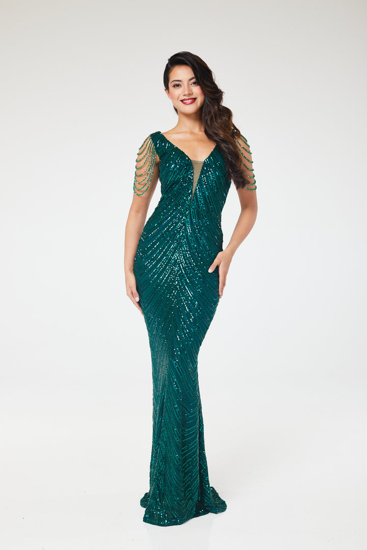 Aneeza - Green Jewelled Sequin Maxi Dress