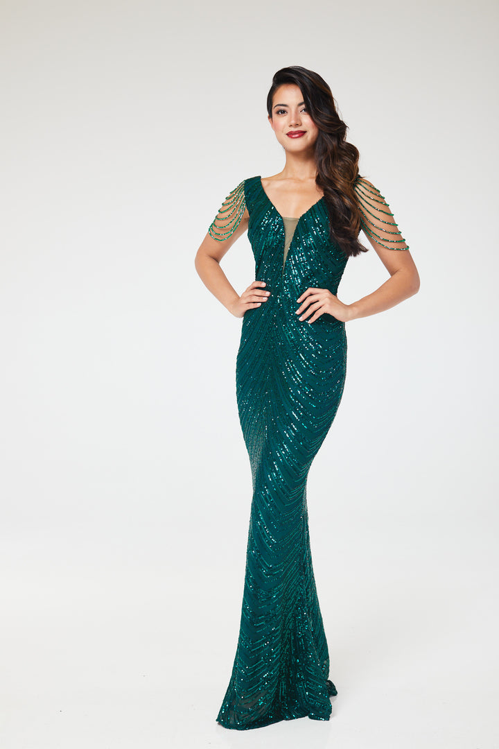 Aneeza - Green Jewelled Sequin Maxi Dress