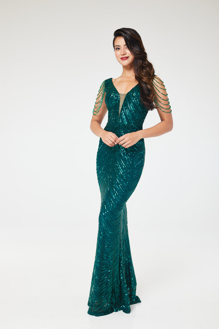 Aneeza - Green Jewelled Sequin Maxi Dress