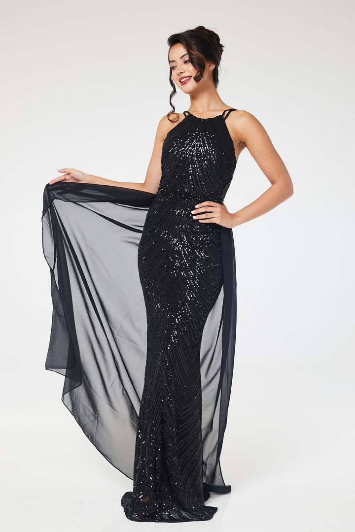 Black Halterneck Sequin Maxi Dress with Detachable Skirt