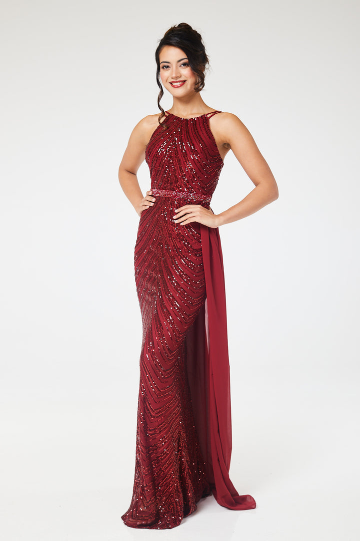 Wine Halterneck Sequin Maxi Dress with Detachable Skirt