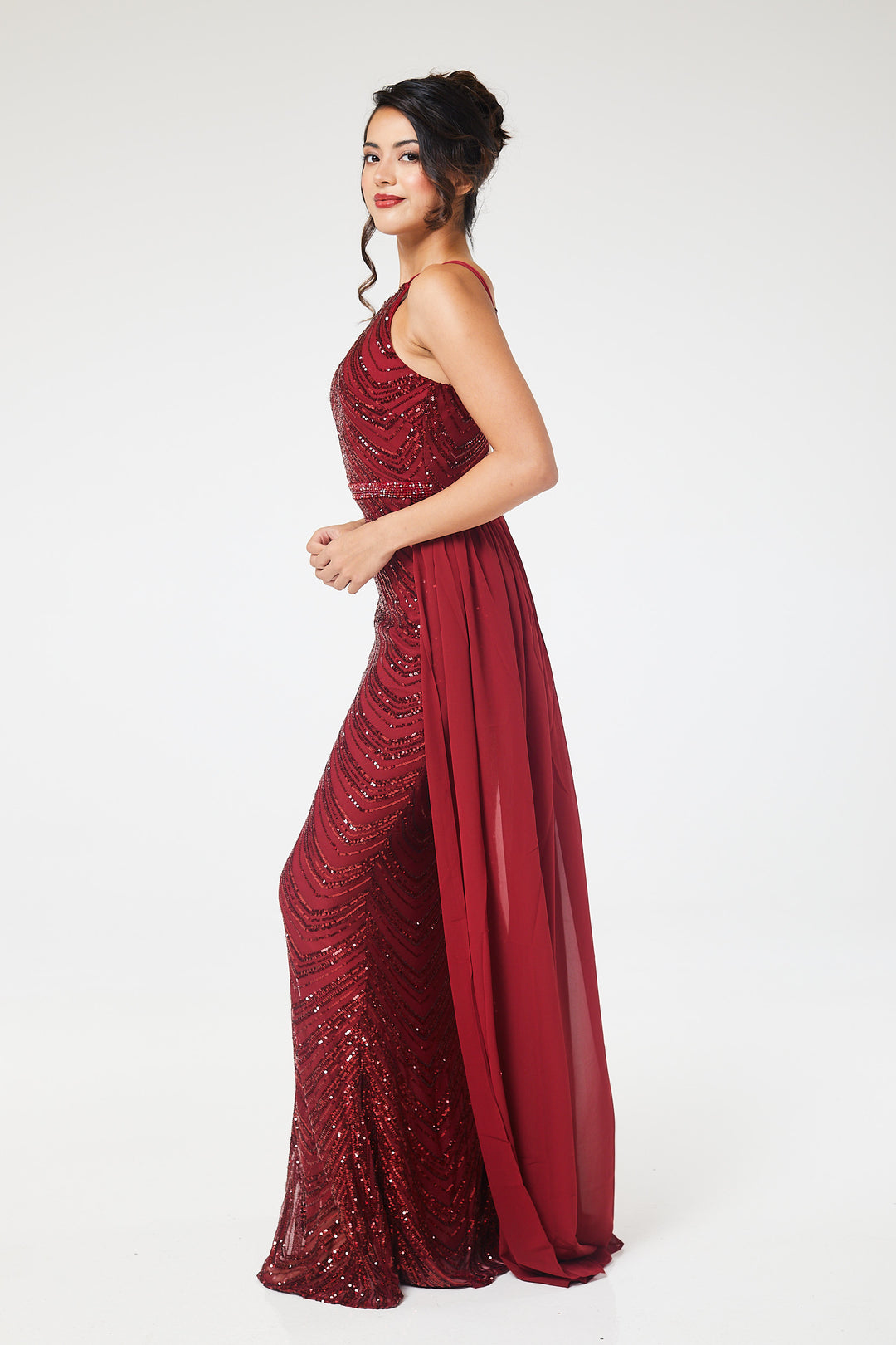 Wine Halterneck Sequin Maxi Dress with Detachable Skirt