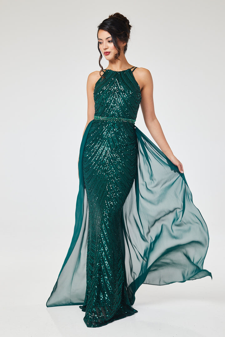 Green Halterneck Sequin Maxi Dress with Detachable Skirt
