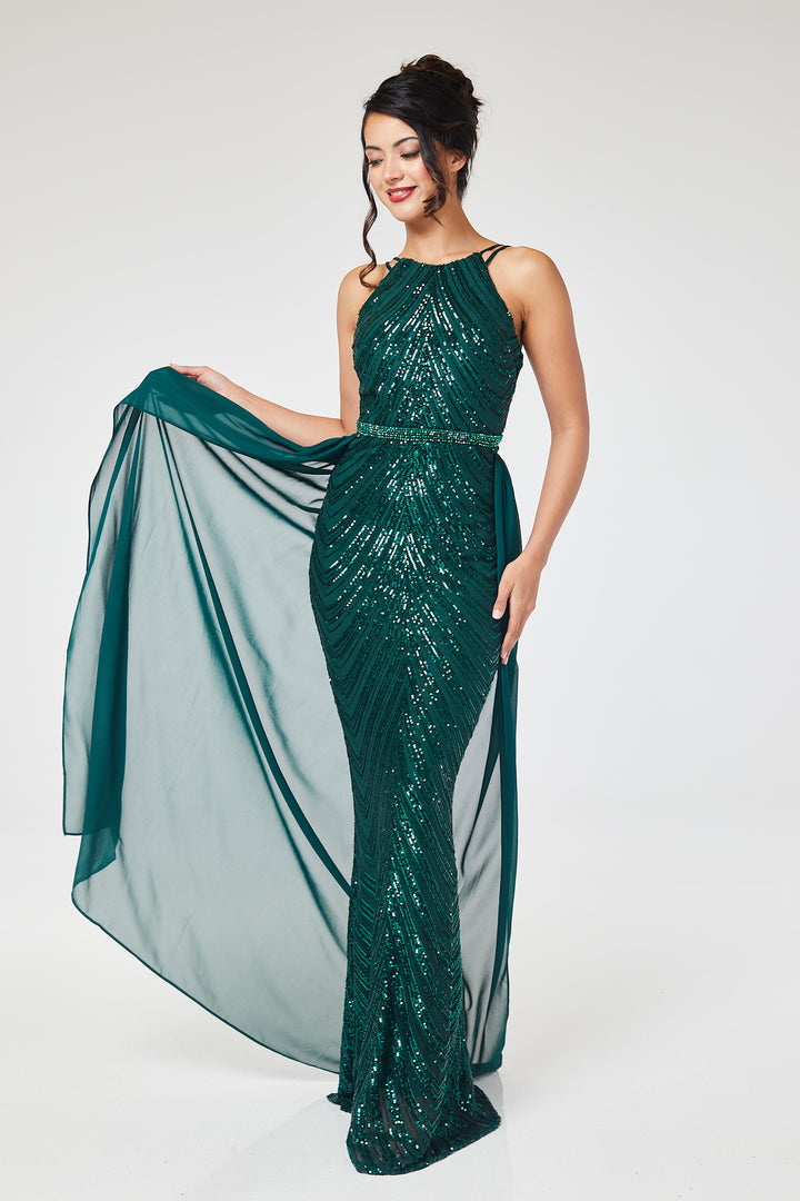 Green Halterneck Sequin Maxi Dress with Detachable Skirt