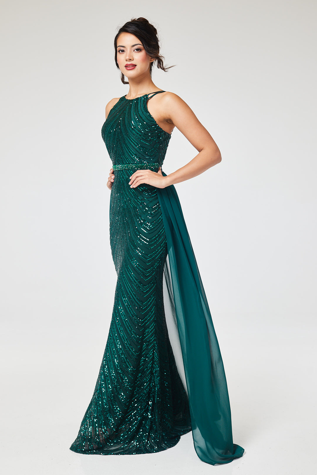 Green Halterneck Sequin Maxi Dress with Detachable Skirt