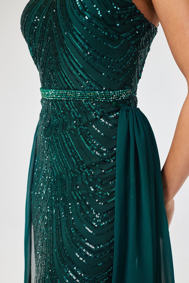 Green Halterneck Sequin Maxi Dress with Detachable Skirt