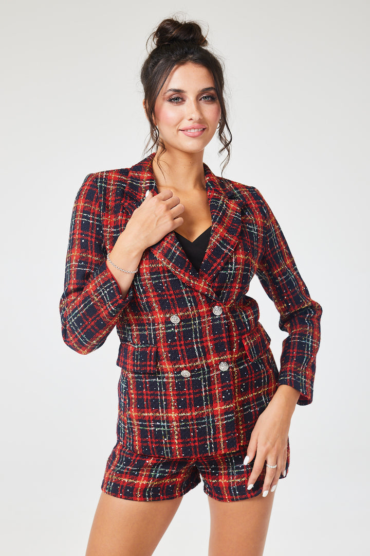Red Check Tweed Short Pant Suit