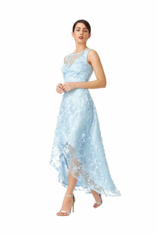 Light Blue Floral Lace Asymmetric Maxi Dress