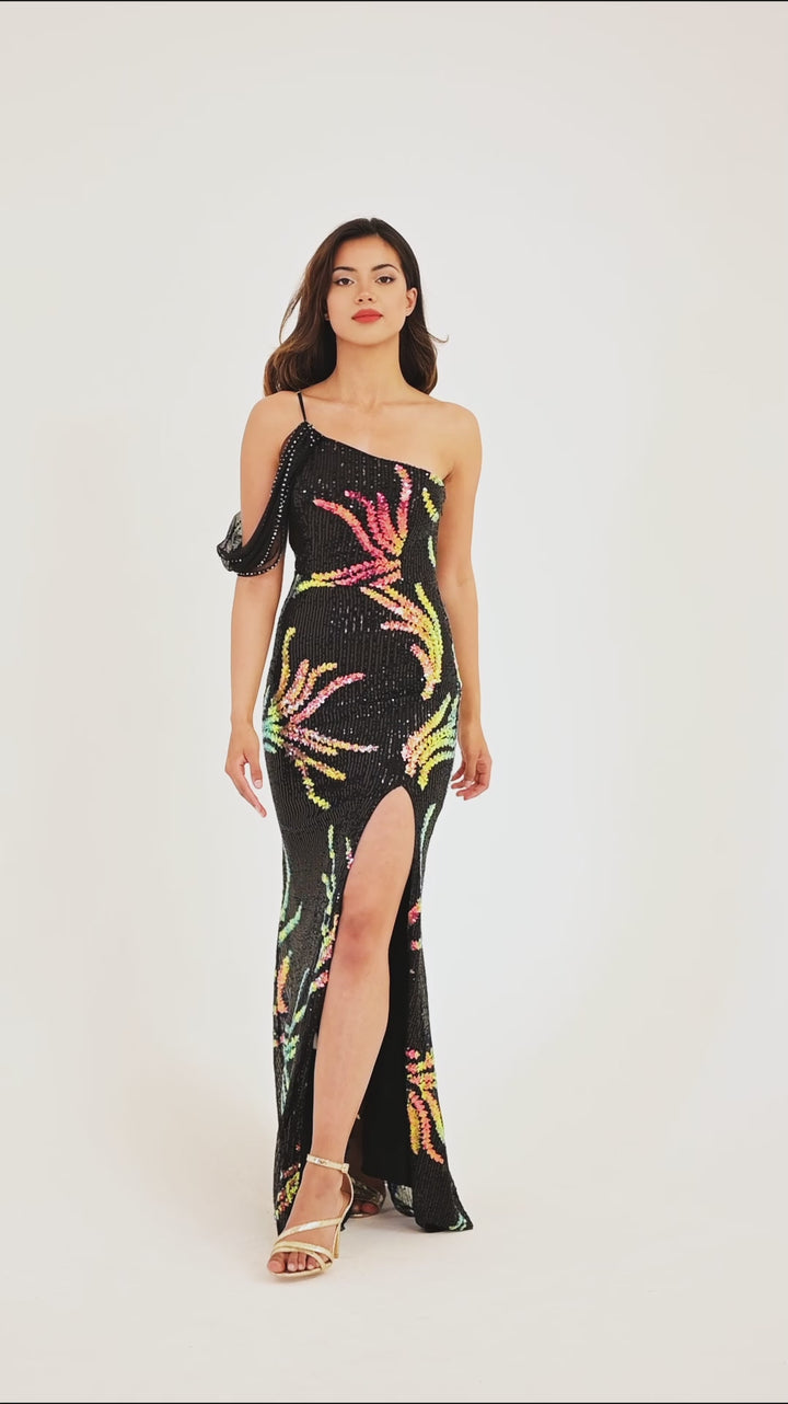 Black Sequin Embroidered Side Split Maxi Dress
