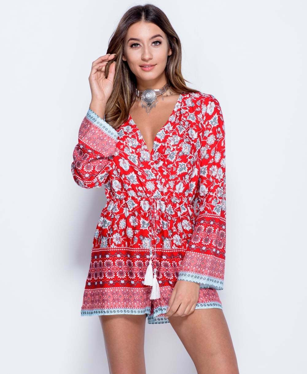 Border Print Long Flared Sleeve Wrap Front Playsuit - Close Front View