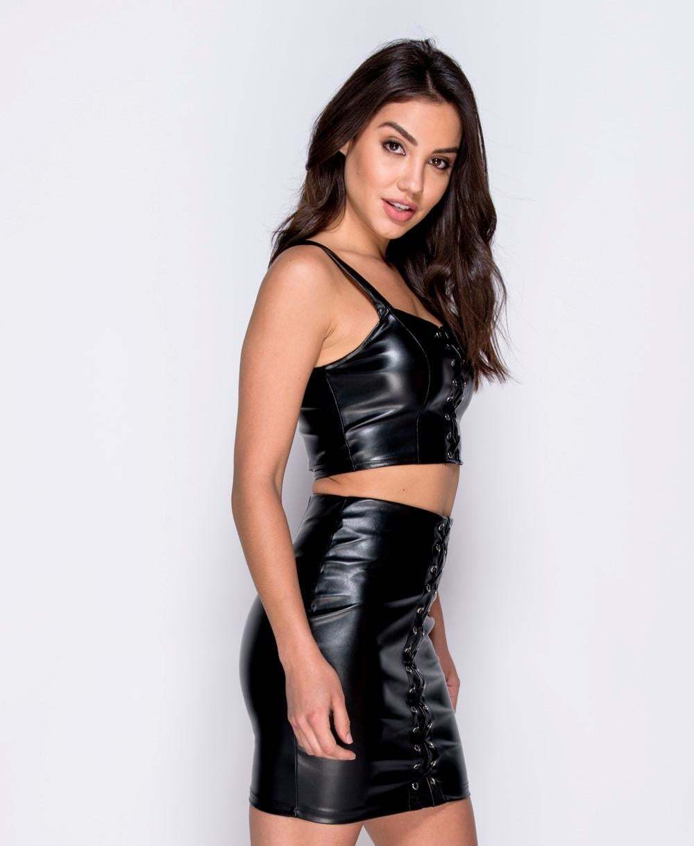 Black PU Leather Lace Up Co-ord set - Close Side View