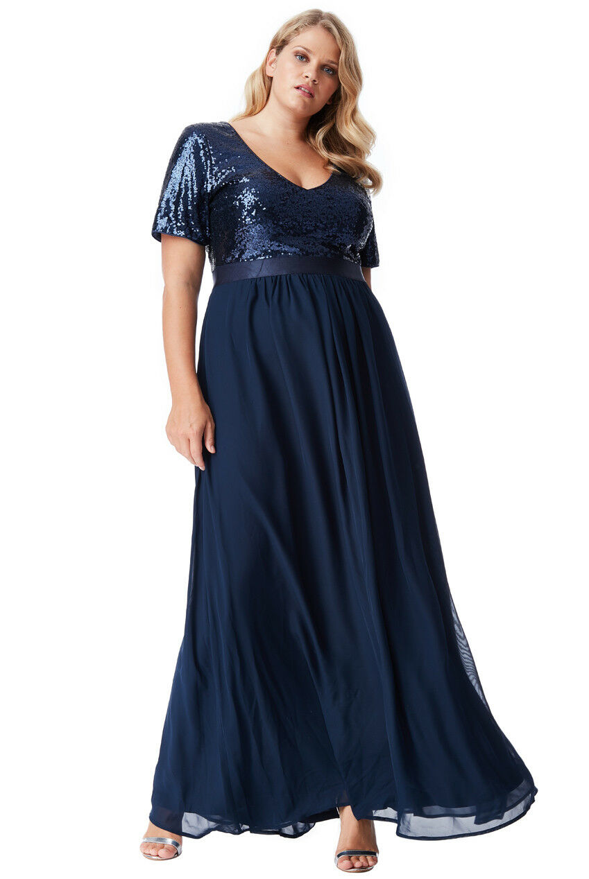 Plus Size Sequin Chiffon Short Sleeved Maxi Dress - Navy Front View