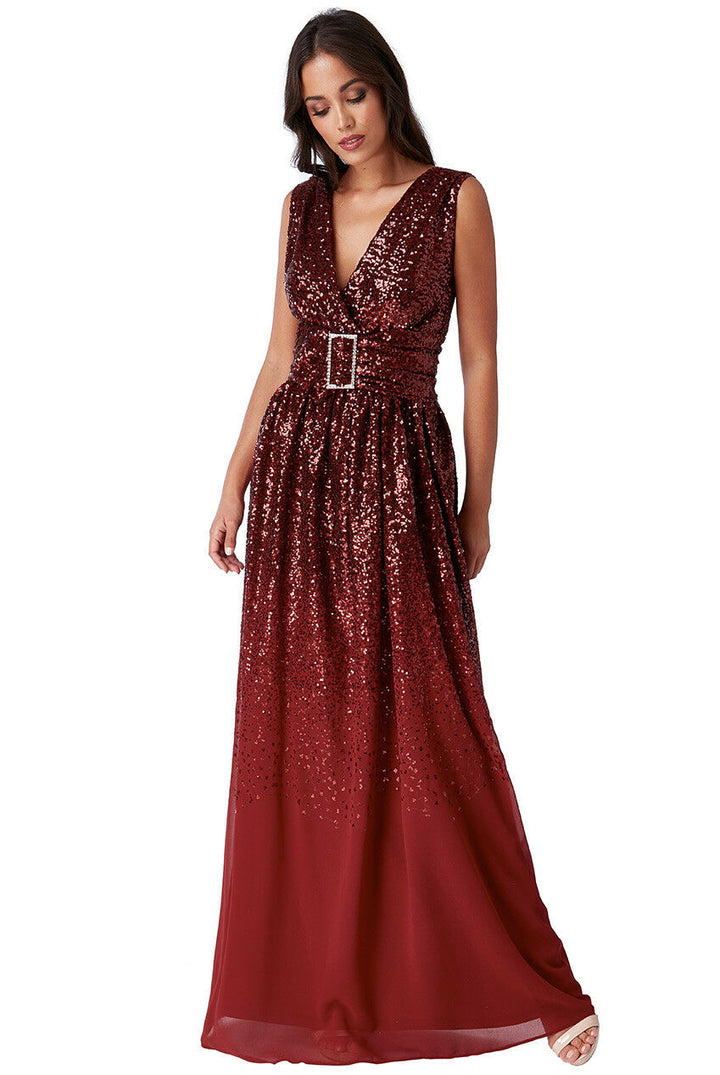 Sequin Chiffon Wrap Maxi Dress in Wine - Front View