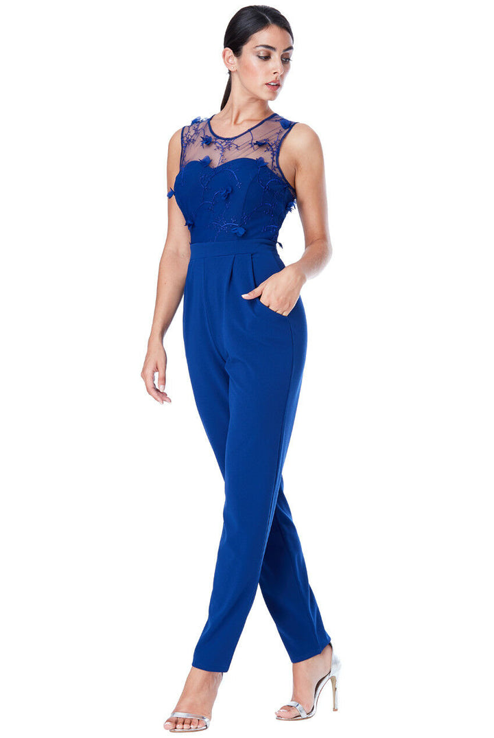 Floral Embroidered Sleeveless Jumpsuit in Blue - Front View