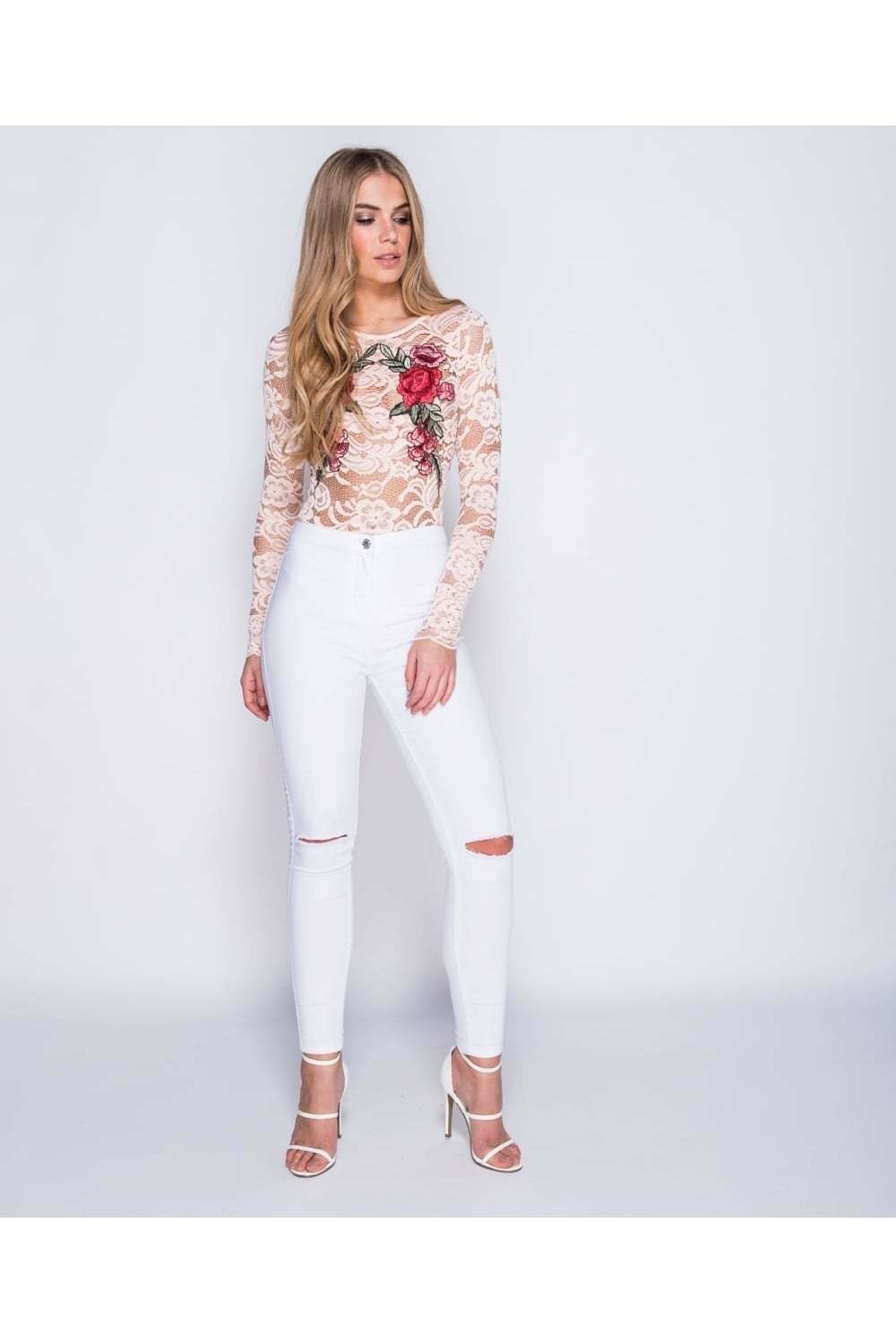 Flower Patch Embroidered Lace Long Sleeve Bodysuit – LuvForever
