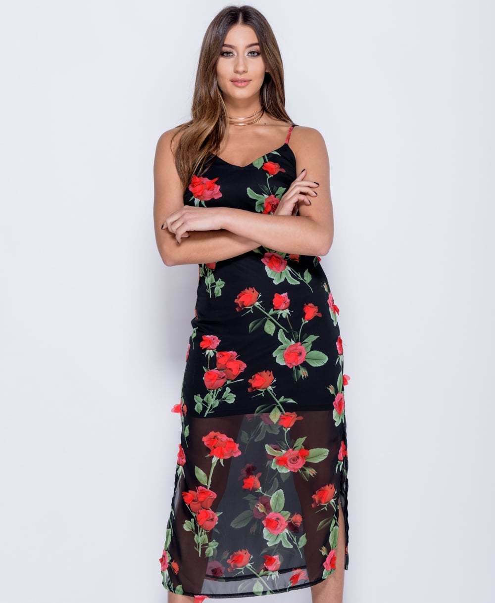 3D Rose Floral Sleeveless Maxi Dress in Black - Close Front View