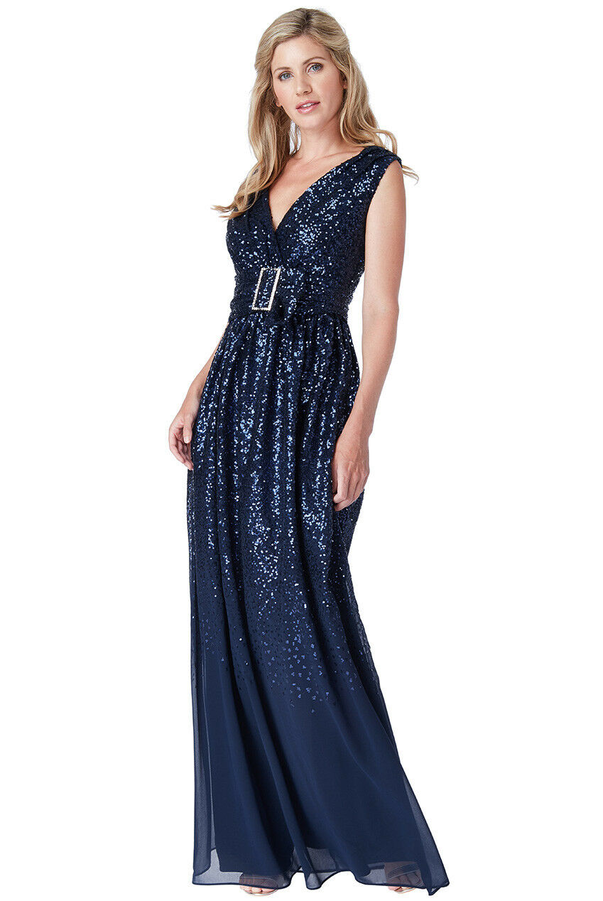 Sequin Chiffon Wrap Maxi Dress in Navy - Full Front View
