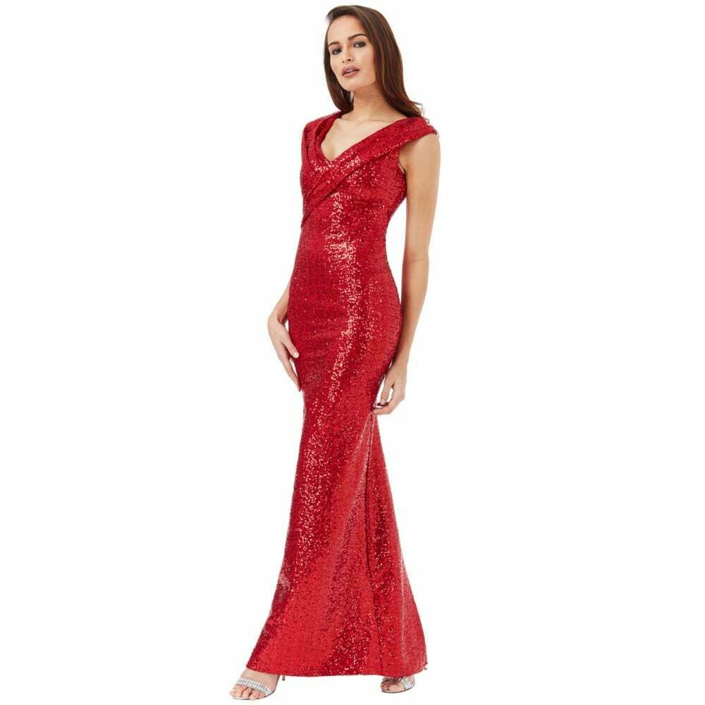 Pleated Neckline Sequin Maxi Dress in Red - Front View
