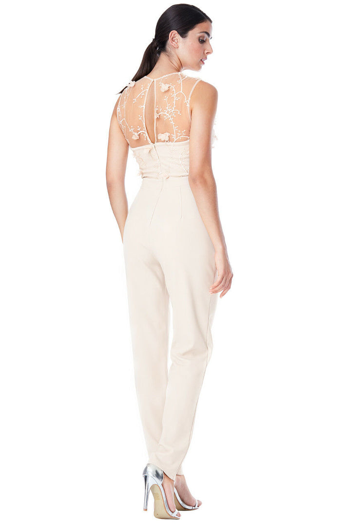 Floral Embroidered Sleeveless Jumpsuit in Stone - Back View