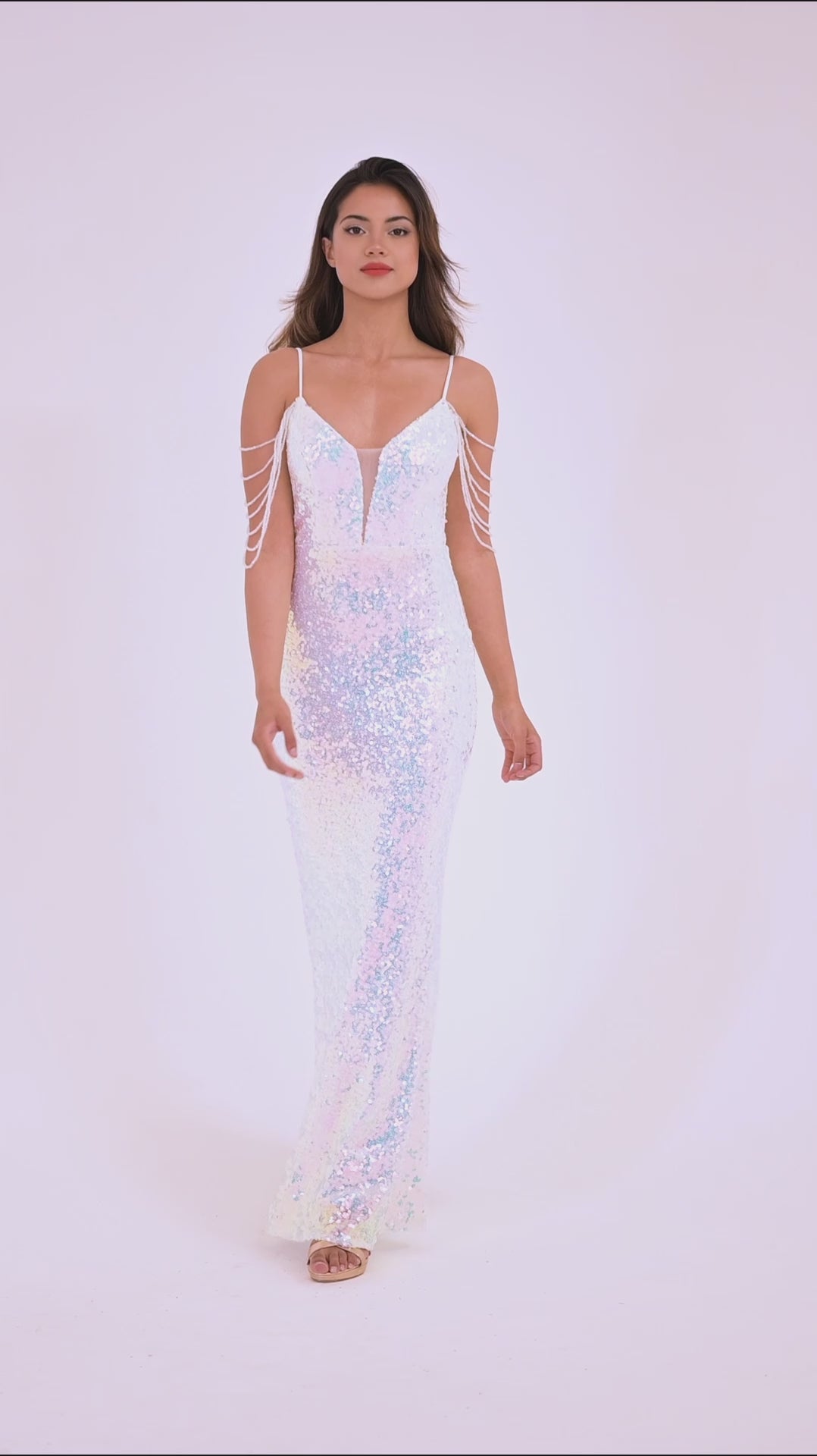 White V-Neck Jewelled Shoulder Sequin Maxi Dress