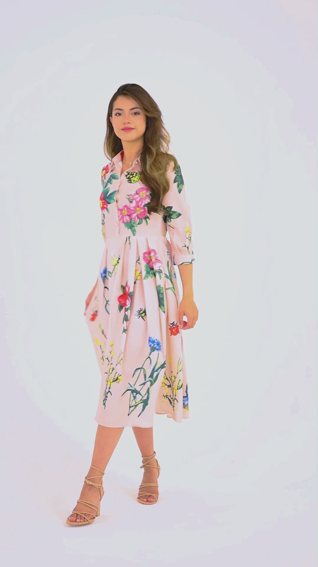 Beige Floral Pleated Midi Dress