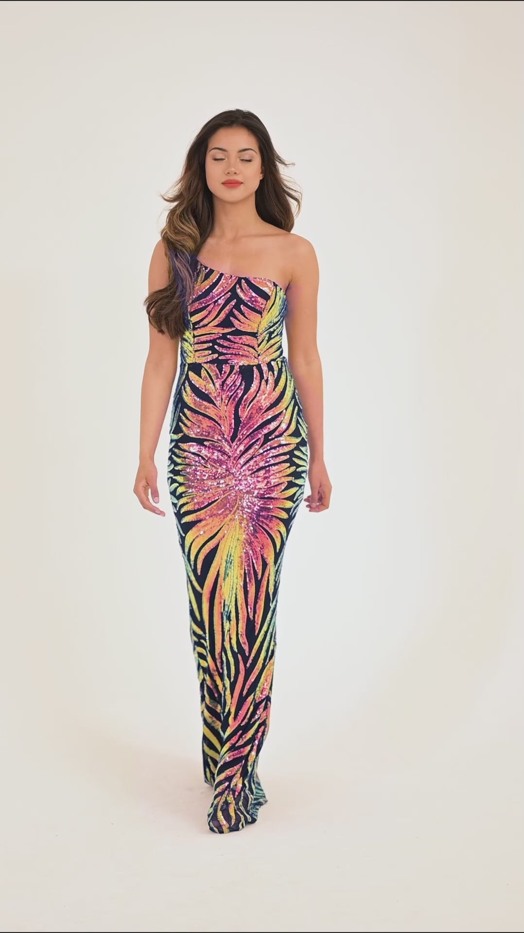 Red 3D Sequin Gradient One Strap Shoulder Sequin Maxi Dress