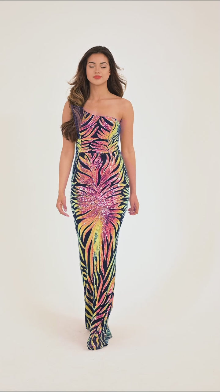 Red 3D Sequin Gradient One Strap Shoulder Sequin Maxi Dress