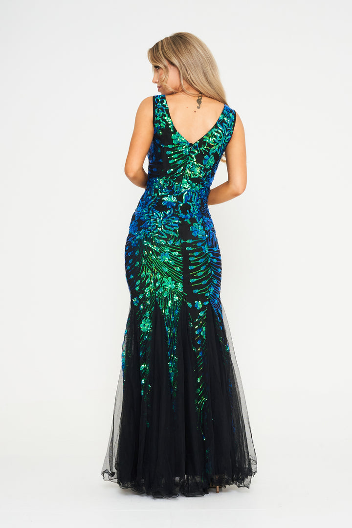Seren - Green Mesh Sequin Maxi Dress