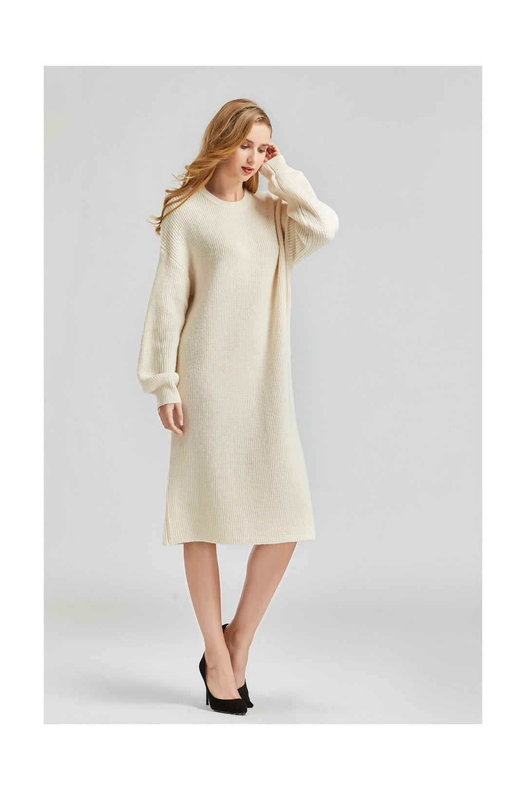 Beige Long Sleeve Sweater Midi Dress - Front View