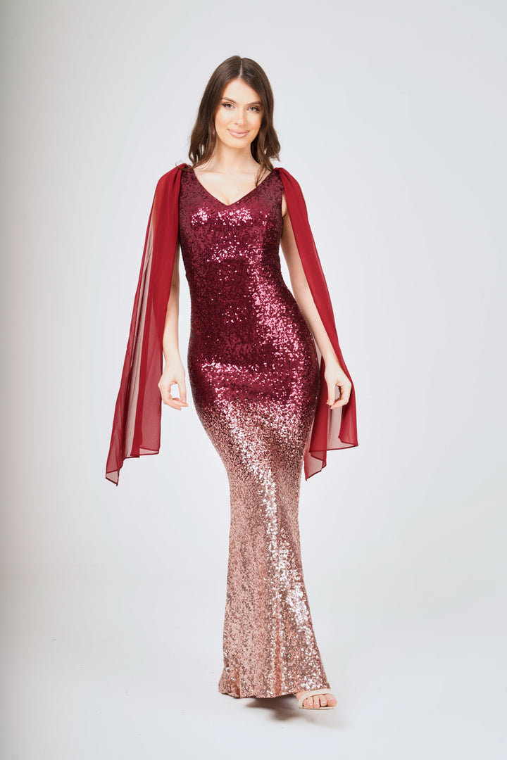 Two-Tone Shoulder Shawl Sleeveless Sequin Maxi Dress