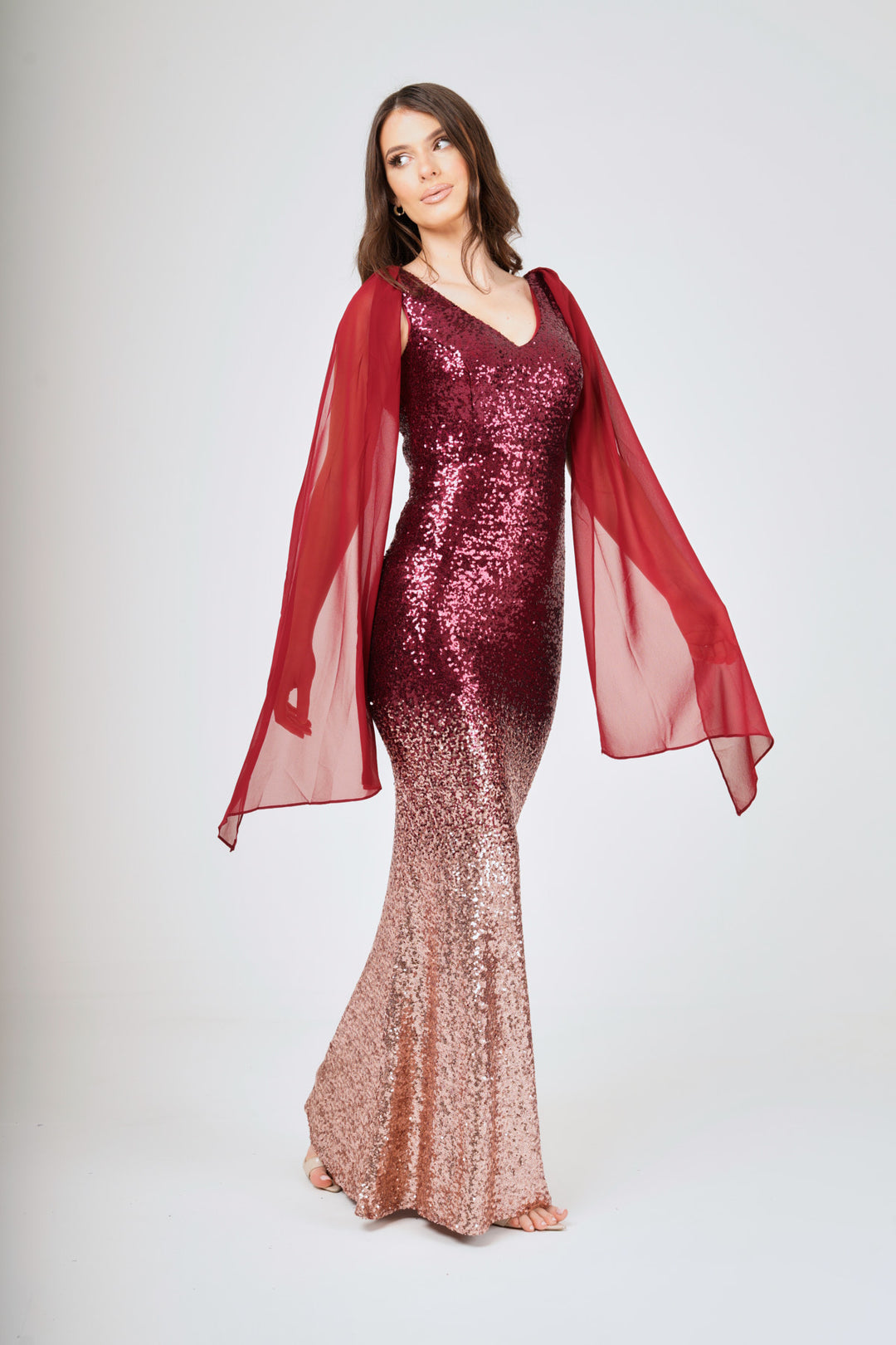 Two-Tone Shoulder Shawl Sleeveless Sequin Maxi Dress