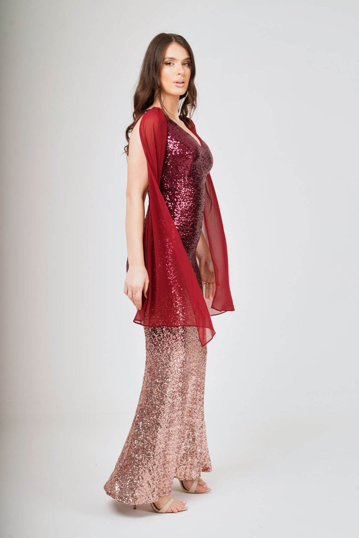 Two-Tone Shoulder Shawl Sleeveless Sequin Maxi Dress