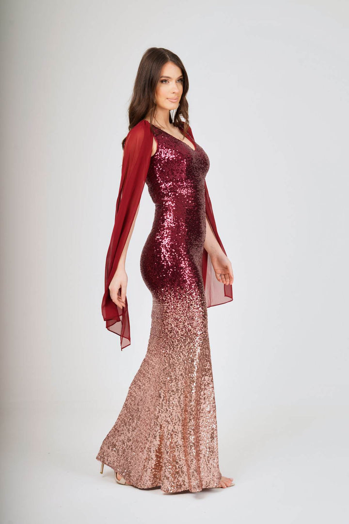 Two-Tone Shoulder Shawl Sleeveless Sequin Maxi Dress