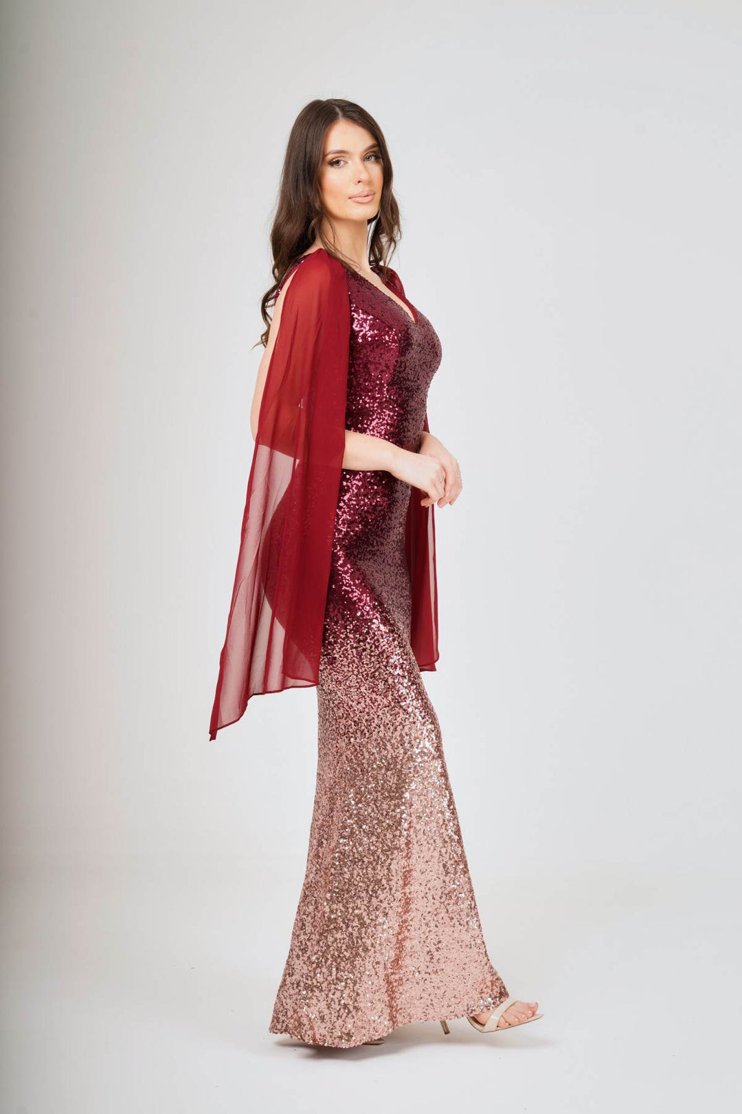Two-Tone Shoulder Shawl Sleeveless Sequin Maxi Dress