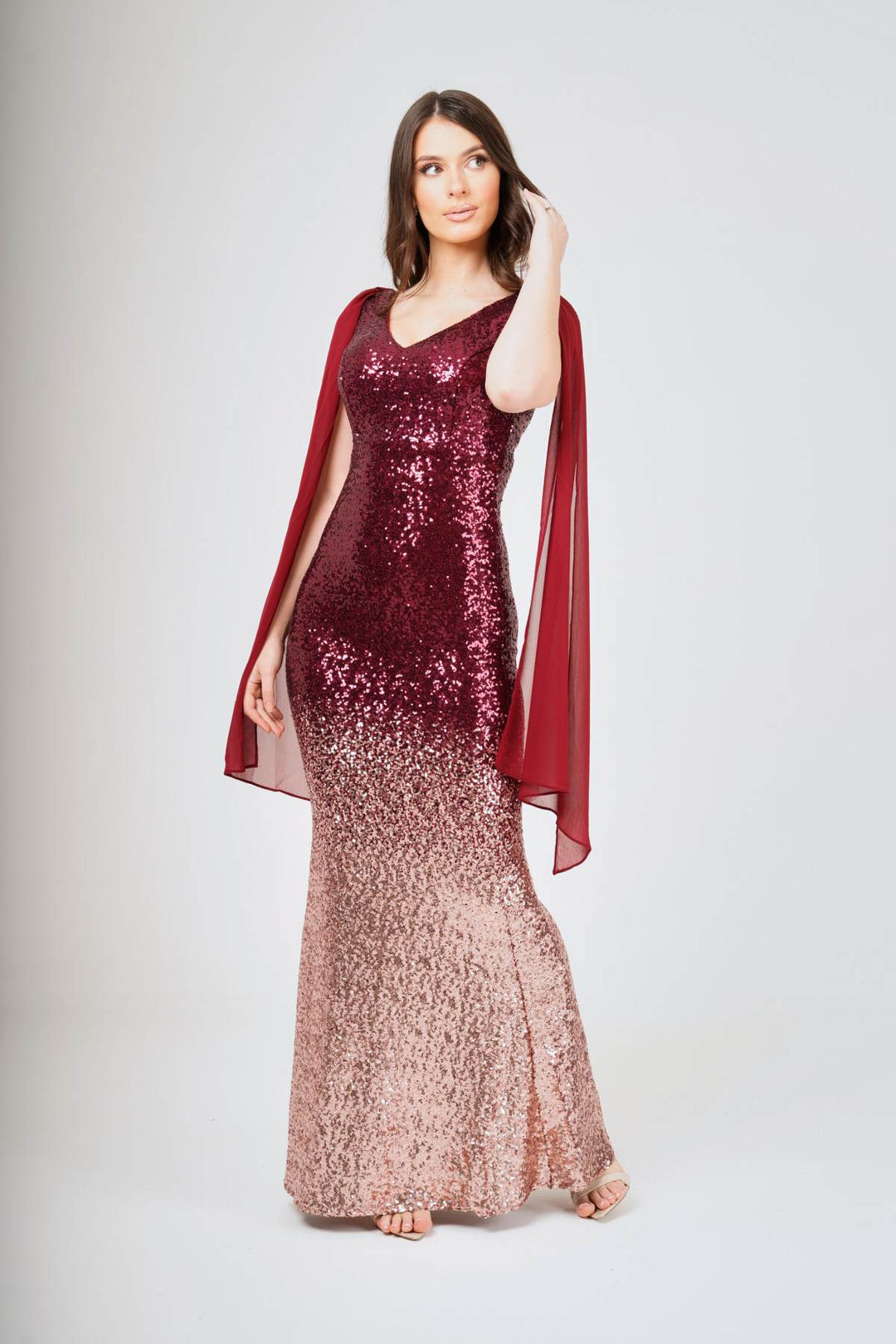 Two-Tone Shoulder Shawl Sleeveless Sequin Maxi Dress