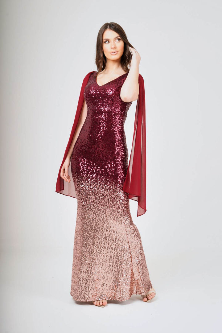 Two-Tone Shoulder Shawl Sleeveless Sequin Maxi Dress