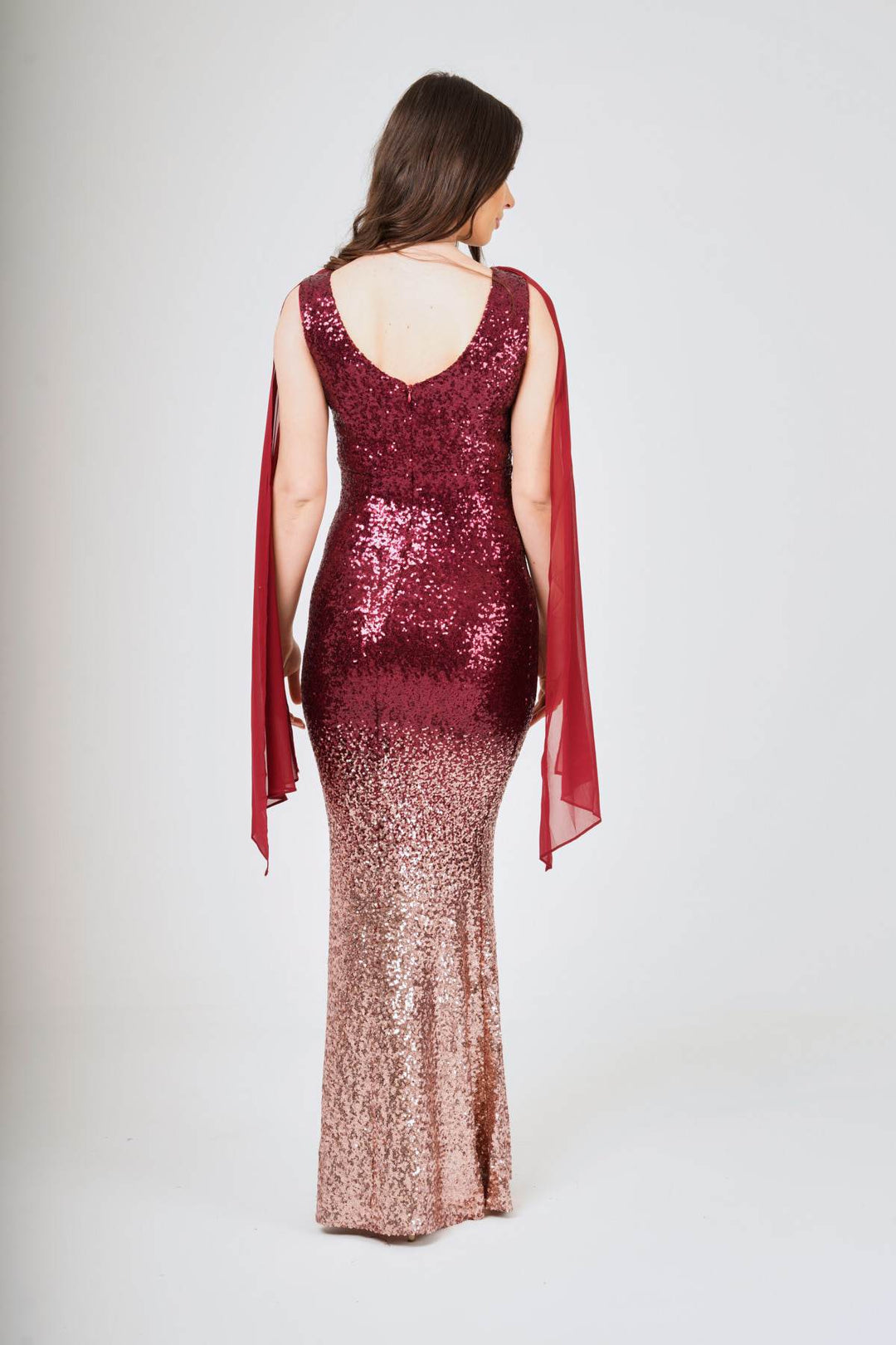 Two-Tone Shoulder Shawl Sleeveless Sequin Maxi Dress