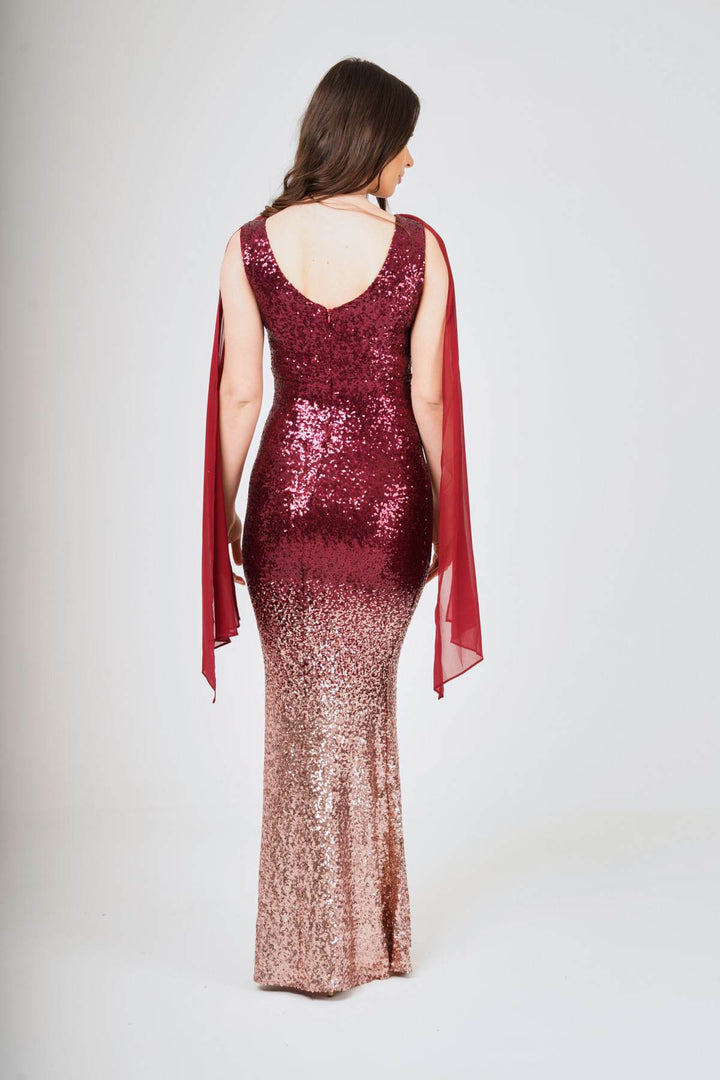 Two-Tone Shoulder Shawl Sleeveless Sequin Maxi Dress