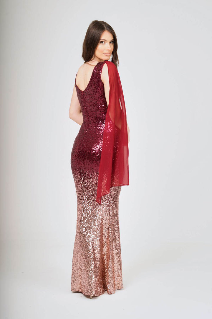 Two-Tone Shoulder Shawl Sleeveless Sequin Maxi Dress