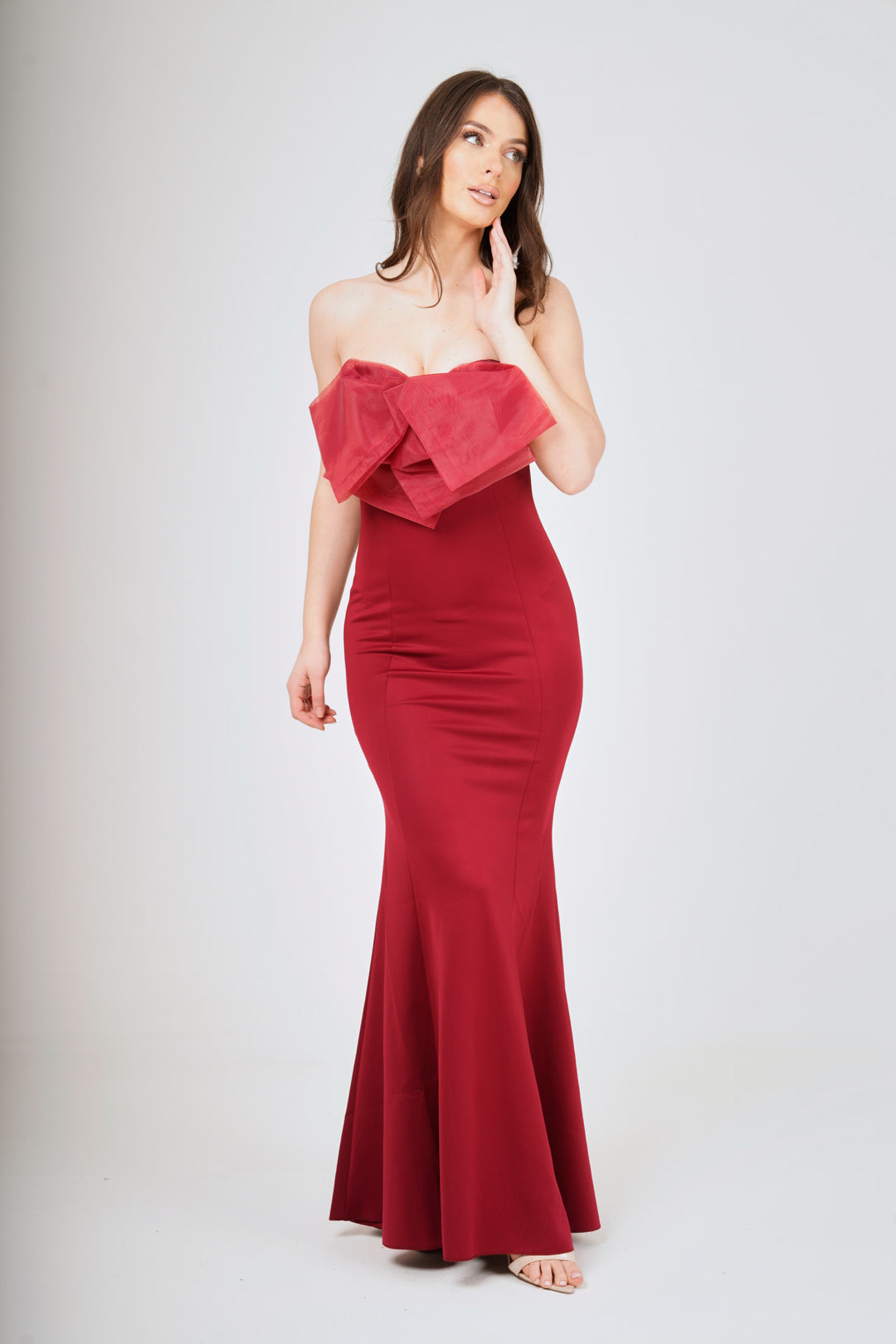 Wine Off- Shoulder Bow-Tie Maxi Dress