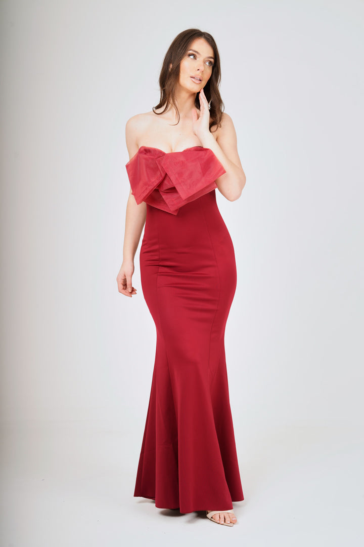 Wine Off- Shoulder Bow-Tie Maxi Dress